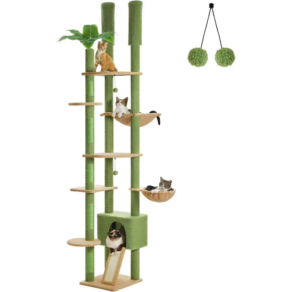 Cat Scratching Post - 調節可能な背の高いキャットタワー、コンドミニアム、ハンモック、爪とぎポール付き、大型猫用、グリーン、230〜252cm