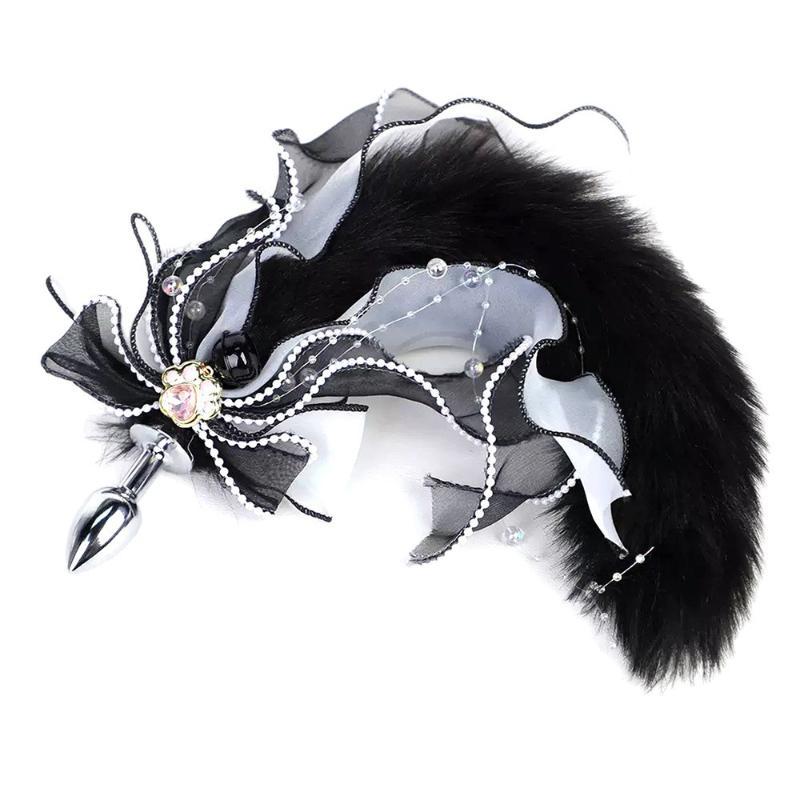 Pet Supplies Outlet - 新しい豪華なキツネの尻尾アナルプラグ、大きなレースのリボン、パールチェーン、ベル付きコスプレペットプレイセックストイ、女性へのギフト