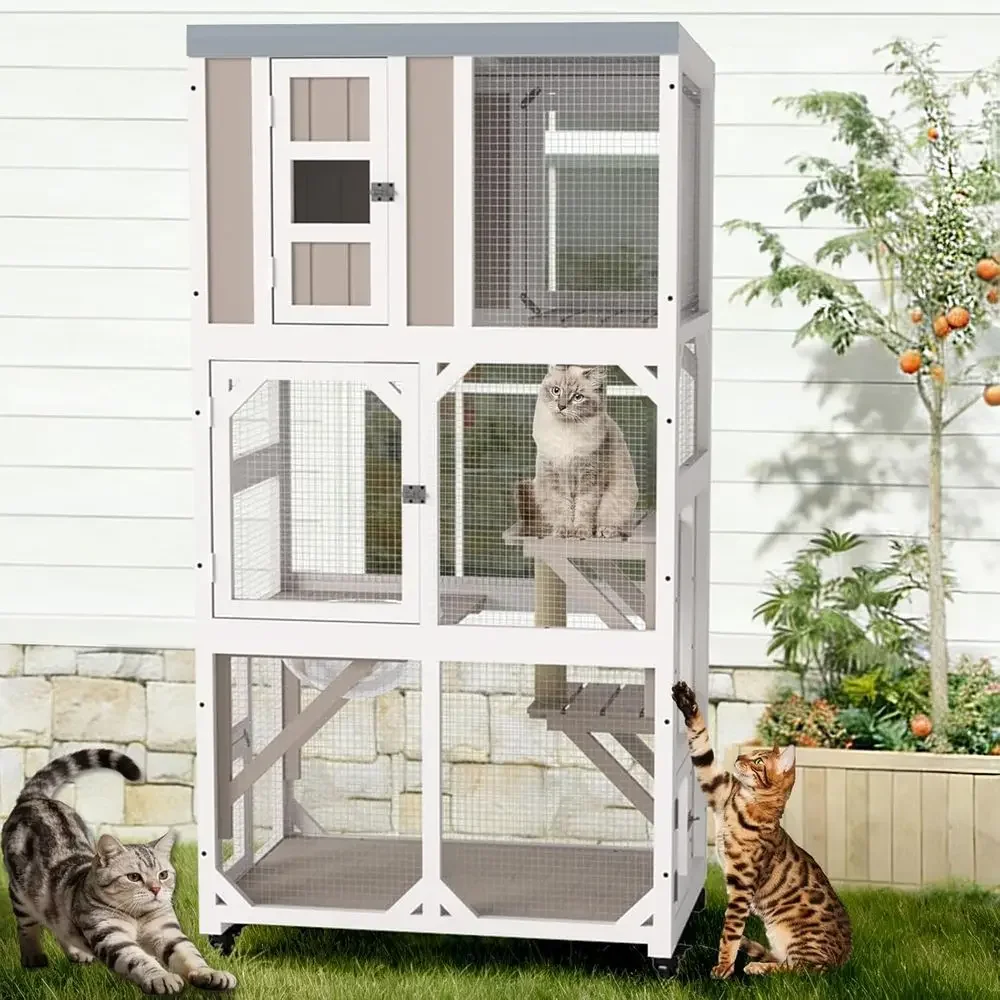 Cat Scratching Post - 屋外用猫用囲い付きケージ（車輪付き、窓、トンネル、ドアアクセス、取り外し可能な防水屋根、ハンモック、複数の爪とぎポール付き）