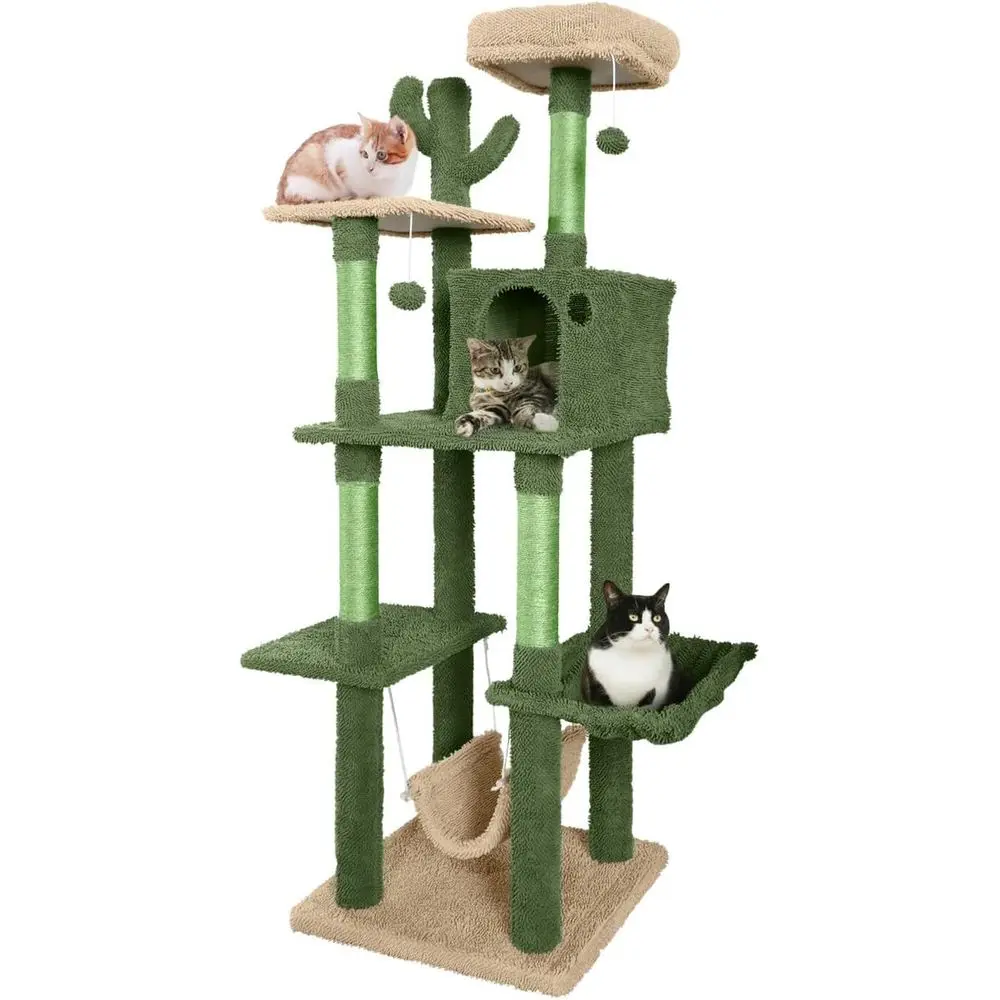 Cat Scratching Post - 多層式70インチサボテン型キャットタワー、豪華なパーチ、爪とぎポール、大きな猫や子猫用の洞窟コンド付き