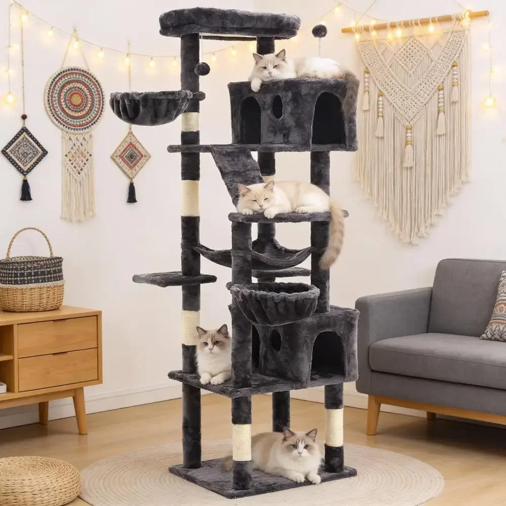 Cat Scratching Post - 74インチの背の高いキャットタワー、爪とぎポール、コンドミニアム、パーチ、ハンモック、おもちゃ付き、大型成猫用、複数猫のいる家に最適