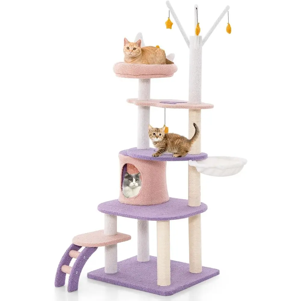 Cat Scratching Post - 62インチの多層キャットタワー（コンドミニアム、爪とぎポール、はしご、プラッシュパーチ、ハンモック、クラウドプラットフォーム、ぶら下がりスタートイ付き）
