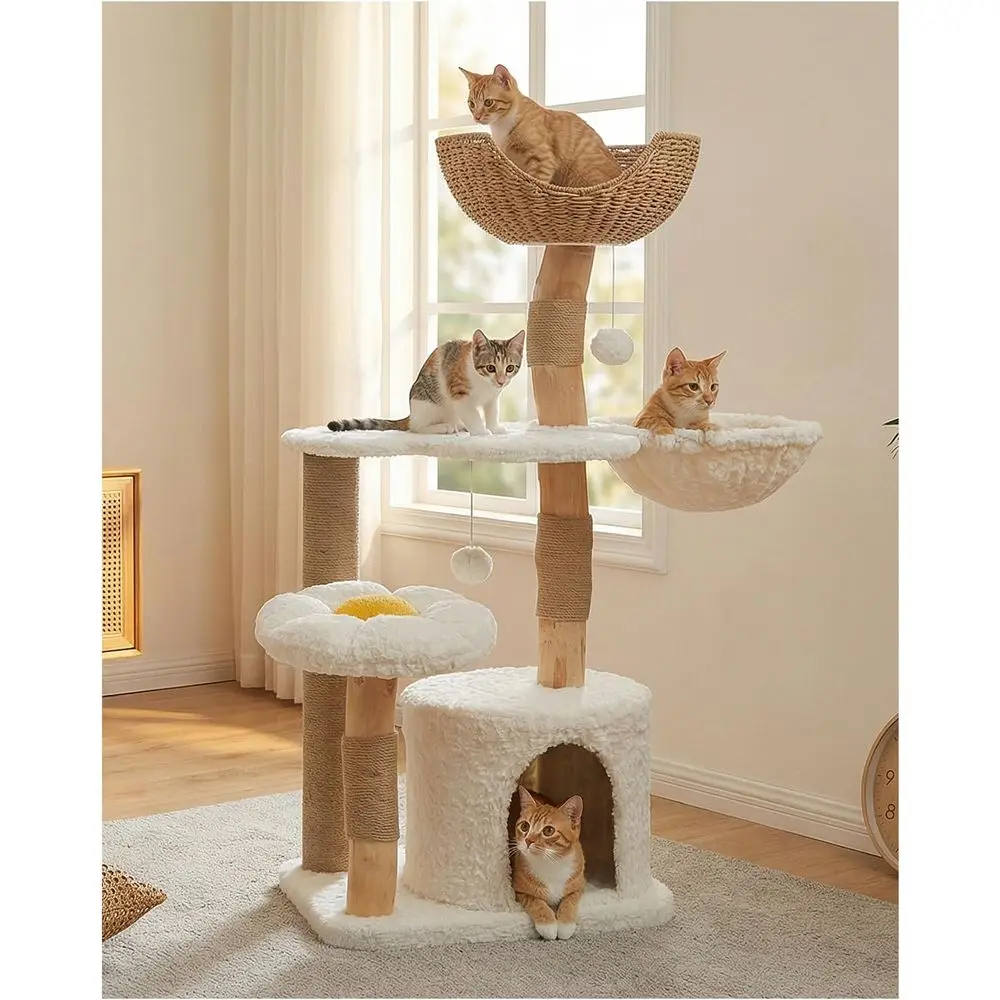 Cat Scratching Post - 48.5インチ大型無垢材キャットタワー（コンドミニアム、ハンモック、爪とぎ、止まり木、ベッド付き）、ホワイト