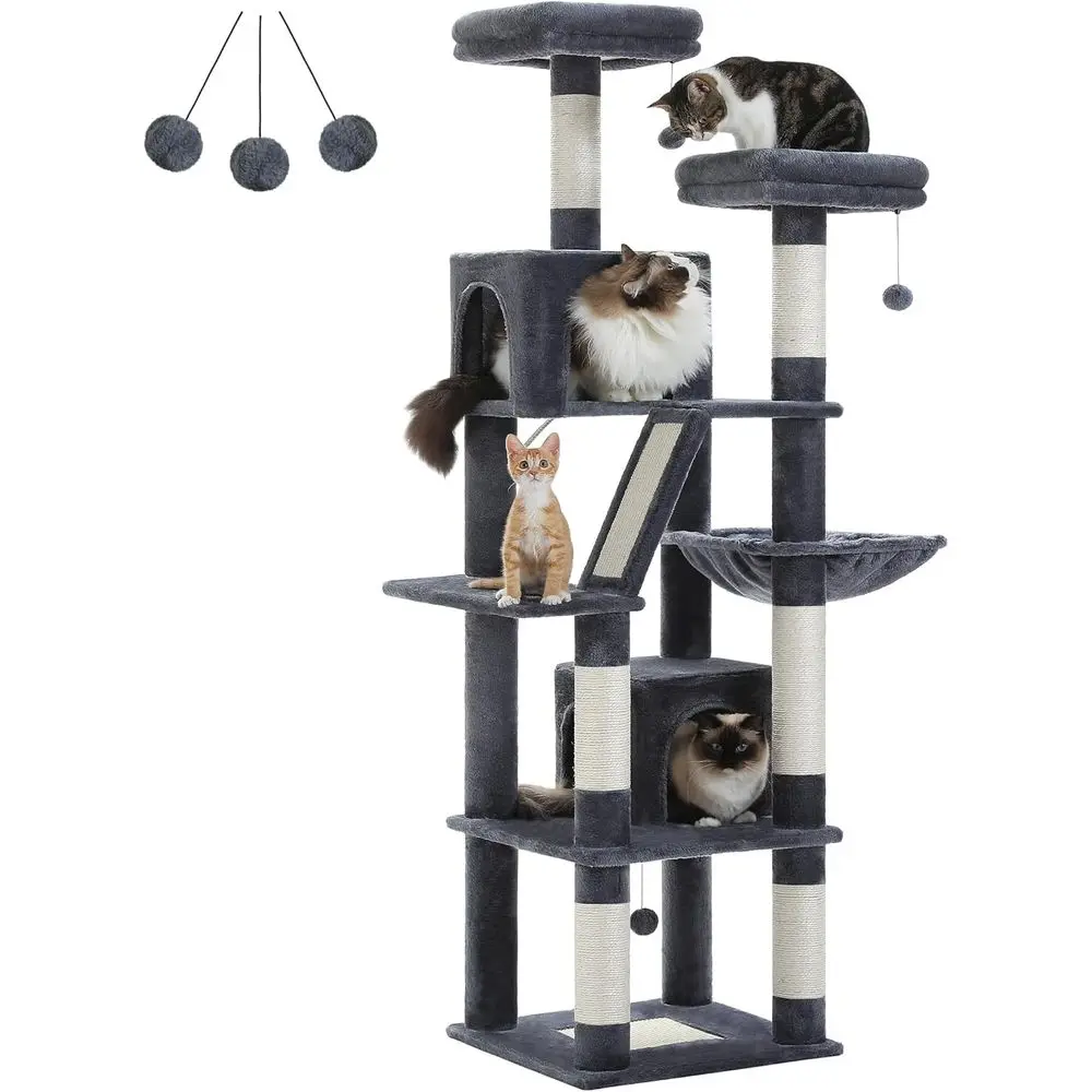 Cat Scratching Post - 70インチのハイキャットツリー、2つのコンドミニアム、2つのパーチ、バスケット、爪とぎパッドとポスト付き、室内猫用、グレー