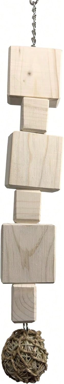 Bird Cage Parrot - 1813 大型天然シーグラス製鳥用噛み玩具 26インチ - 手作りの木製ブロックと編み込みボールのオウム用おもちゃ（アフリカン・グレイ、コカトゥ、マカオ用）- 噛み用の頑丈なチェーン付き吊り下げ式ケージアクセサリー