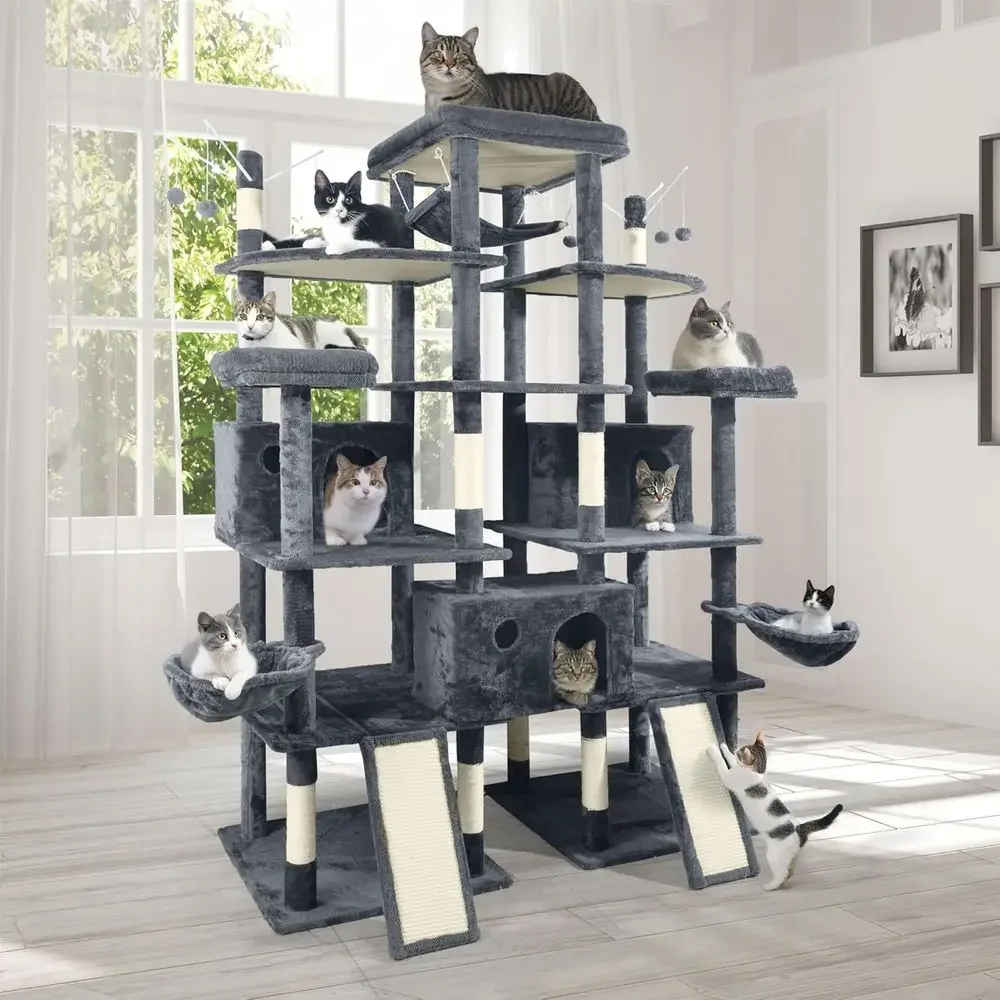Cat Scratching Post - 80インチの高さの大型猫用キャットタワー：多層式室内アクティビティセンター（爪とぎポール、パーチ、コンドミニアム、バスケット、ハム付き）