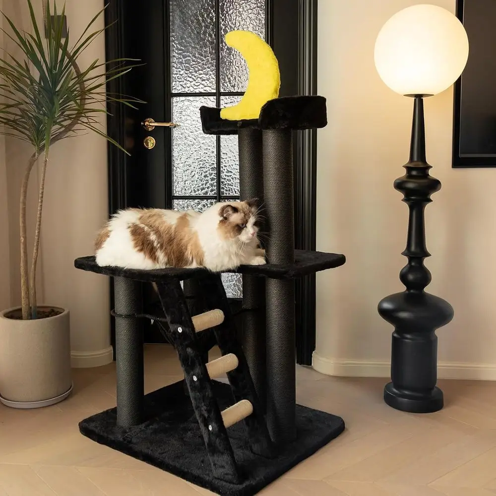 Cat Scratching Post - ゴシックスタイルのキャットタワー、プライベートバスケットベッド、サイザル麻の爪とぎポール、クライミングラダー、吊り下げ式バットトイ付き、多層遊び用