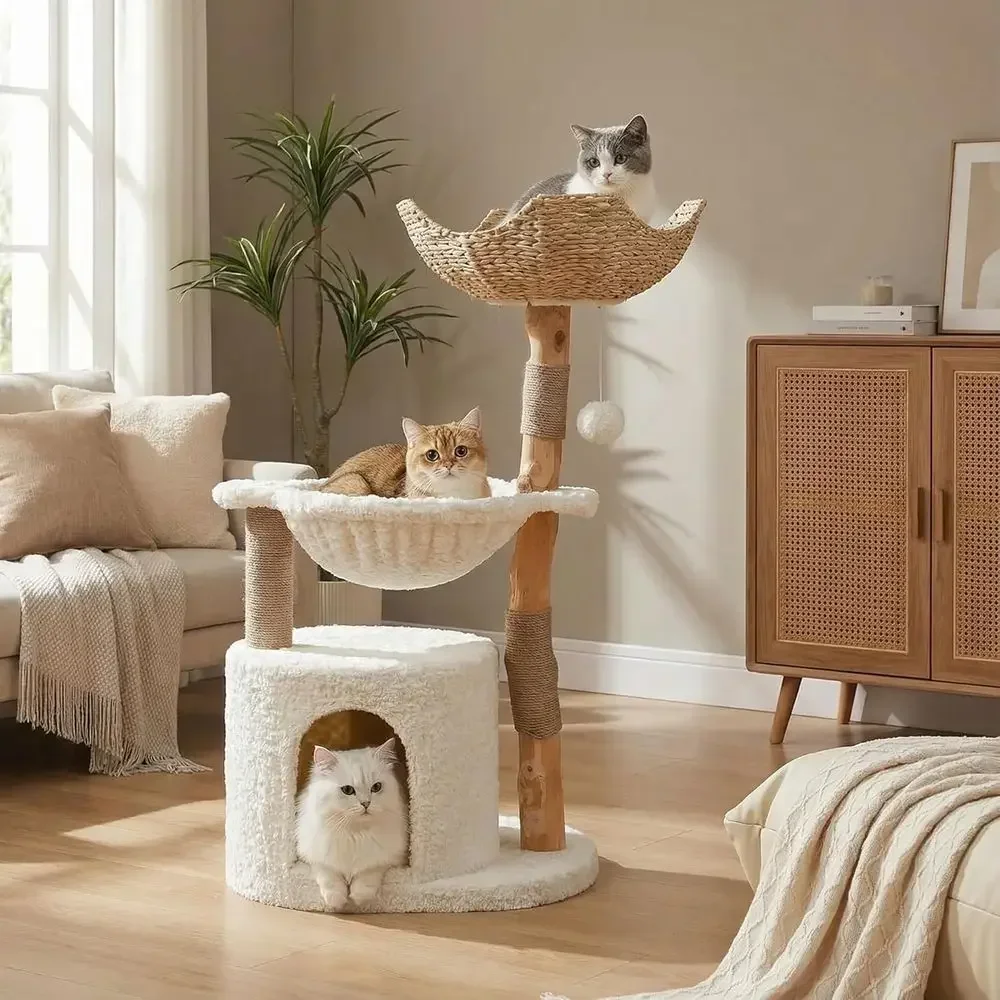 Cat Scratching Post - 大型で快適なキャットツリー、本物の枝を模した家具、コンドミニアム、ハンモック、爪とぎポスト付き、室内猫用