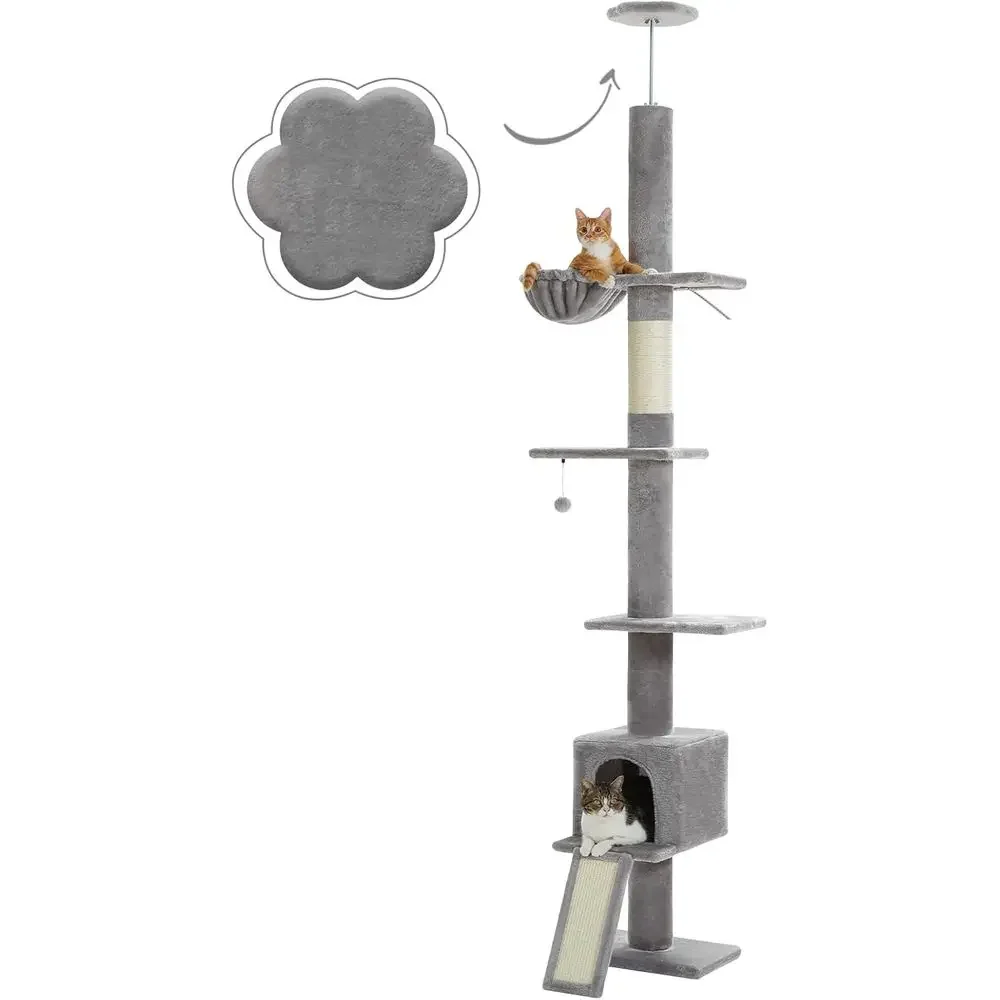 Cat Scratching Post - 調節可能な5段キャットタワー、高さ83～108cm、トップパーチと広々としたコンド付きの爪とぎポール、大型室内猫用、グレー