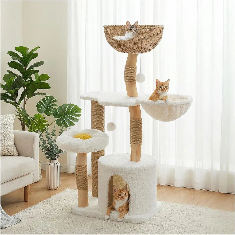 Cat Scratching Post - 高さ48.5インチの無垢材キャットタワー、豪華なコンドミニアム、ハンモック、爪とぎポール、籐製パーチ、大型猫用下段ベッド付き、ホワイト
