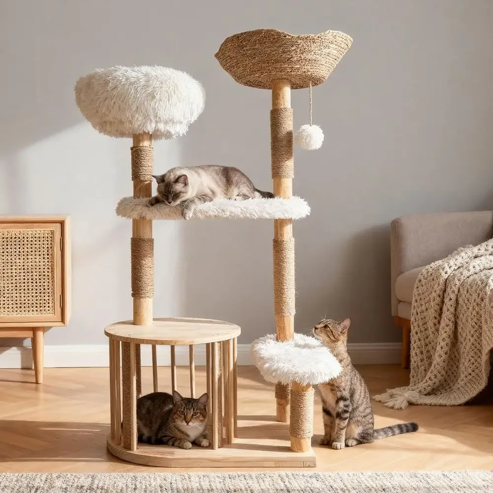 Cat Scratching Post - 天然木製キャットタワー、サイザル麻の爪とぎポールと籐の巣付き、多頭飼いの家庭向け