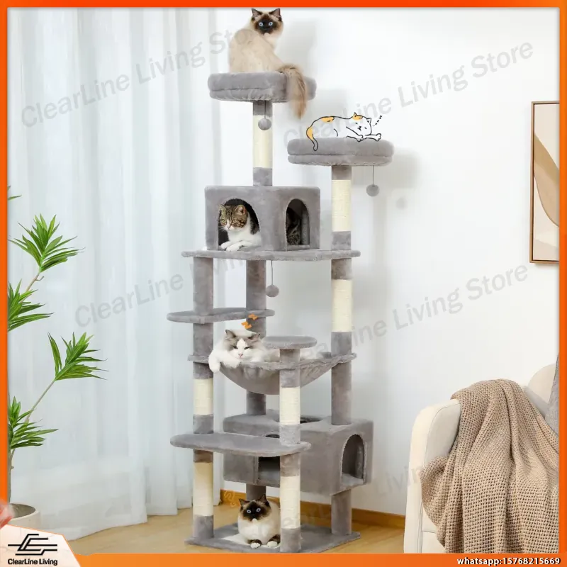 Cat Scratching Post - 大型キャットタワー、室内猫用、サイザル麻の爪とぎポール、ハンモック、パッド入りパーチ、コンド、おもちゃ、多層式クライミング付き