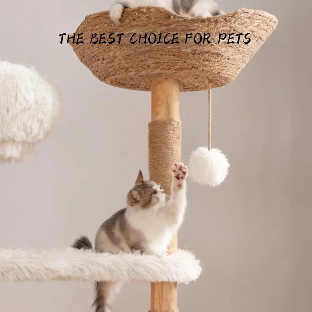 天然木製キャットタワー、サイザル麻の爪とぎポールと籐の巣付き - Cat Scratching Post のレビューと価格